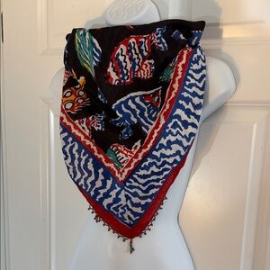 Black Triangle Scarf with Multicolor Fish Print and Bead Fringe